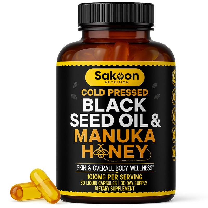 Black Seed Oil Capsules With New Zealand Manuka Honey Cold Pressed Turkish Nigella Sativa Oil 2 Thymoquinone Immune Digestive Support Made in USA 60 Count 1010mg per serving